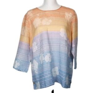 J Jill Love Linen Tunic Rainbow Sunset Hawaiian 3/4 Sleeve Popover  Ombre Sz L